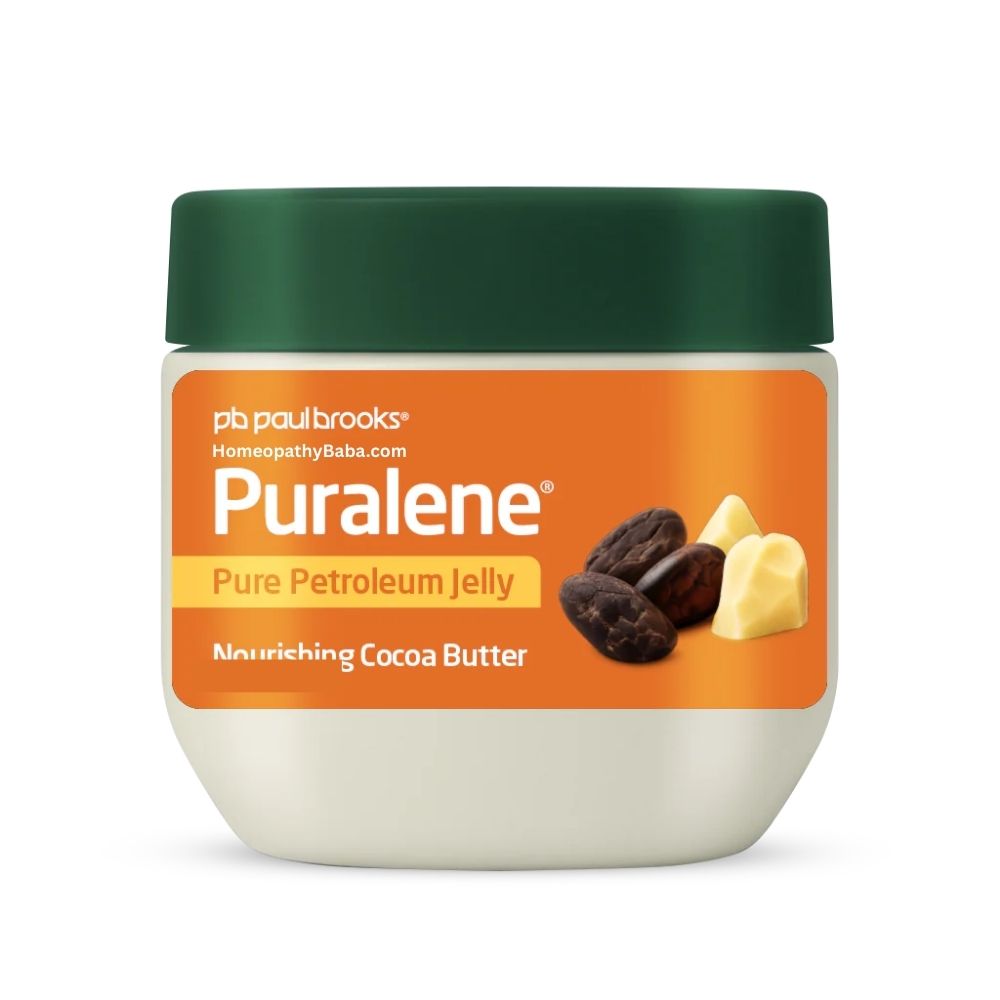 Jar of Paul Brooks Puralene Petroleum Jelly 70g (Cocoa Butter)  with a green lid on a white background

