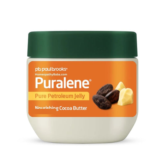 Jar of Paul Brooks Puralene Petroleum Jelly 70g (Cocoa Butter)  with a green lid on a white background

