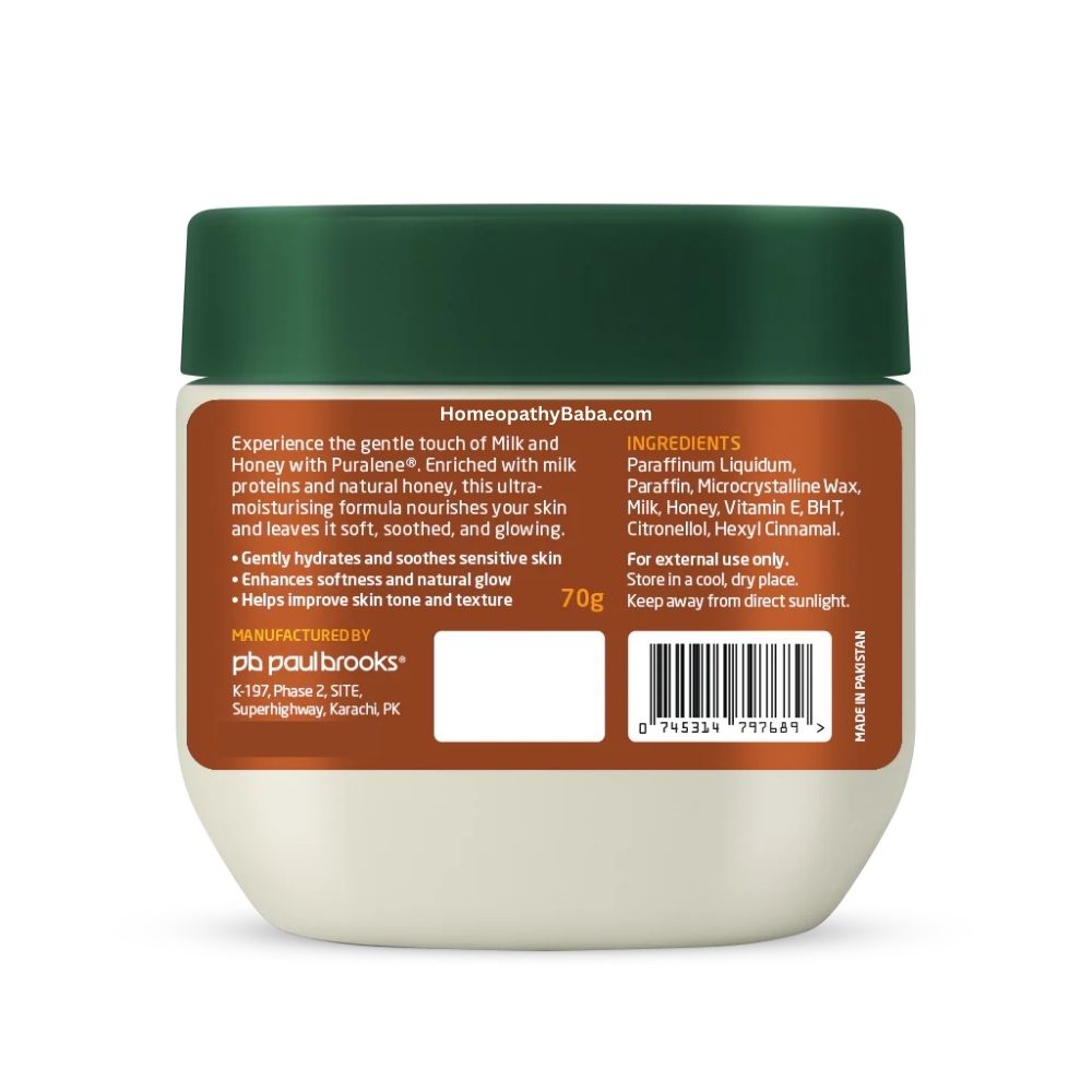Jar of Paul Brooks Puralene Petroleum Jelly 70g skincare product with green lid and brown label on a white background

