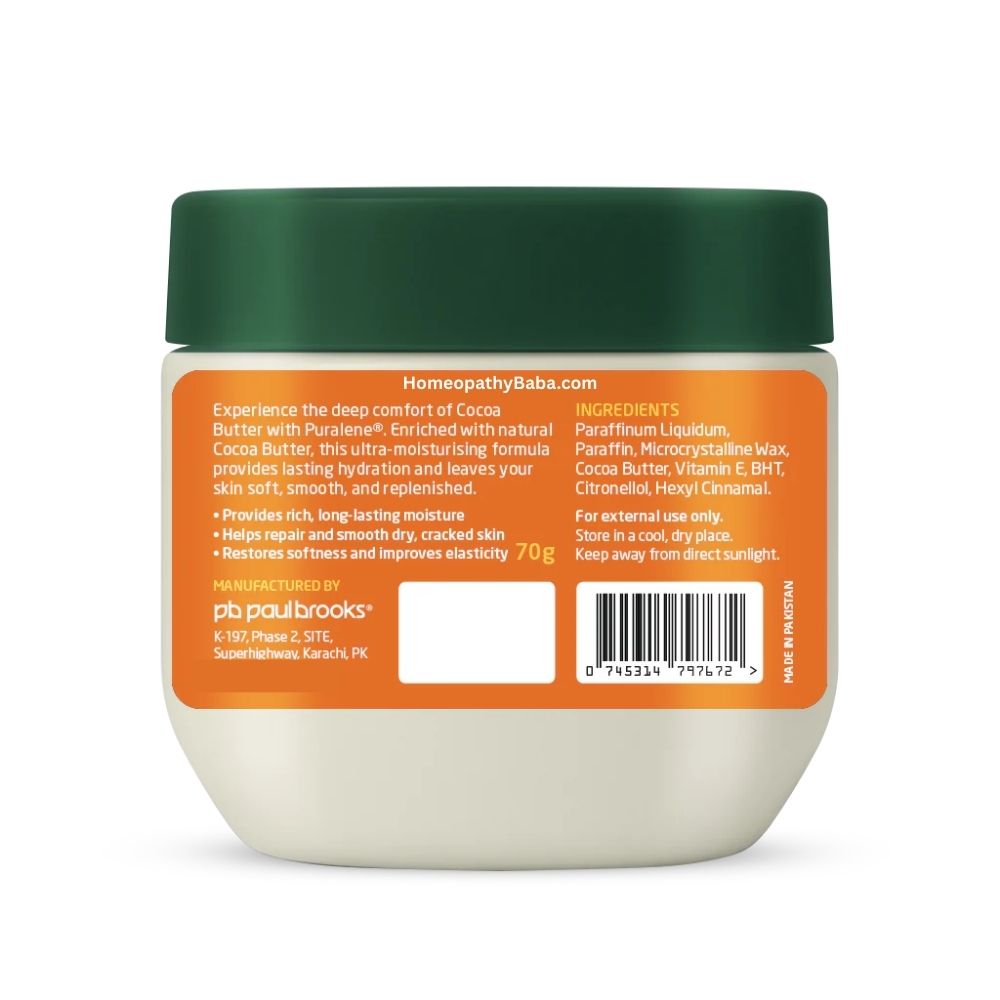 Jar of Paul Brooks Puralene Petroleum Jelly 70g (Cocoa Butter) skincare product with green lid and orange label on a white background

