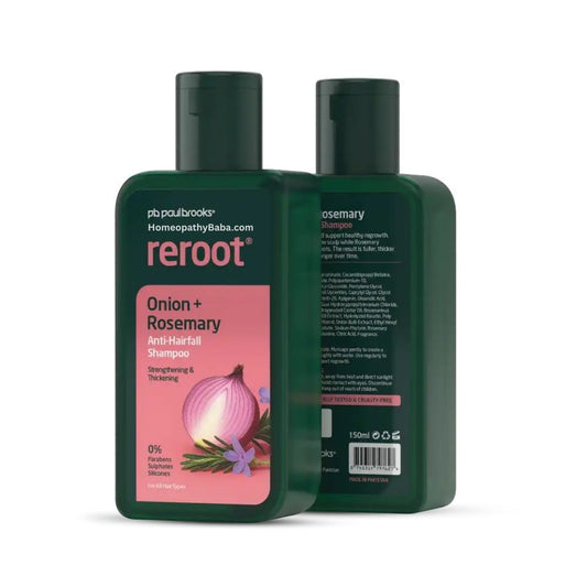 Paul Brooks Reroot Anti-Hairfall Shampoo 150ml Two bottles of 'rerooot' Onion + Rosemary Anti-Hairfall Shampoo on a white background

