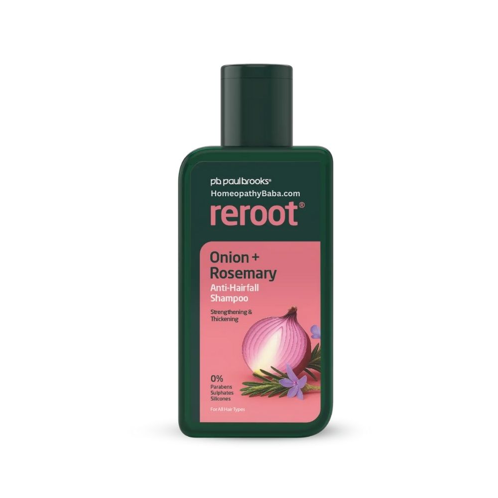 Paul Brooks Reroot Anti-Hairfall Shampoo 150ml bottle labeled 'reroot' with onion and rosemary design on a white background


