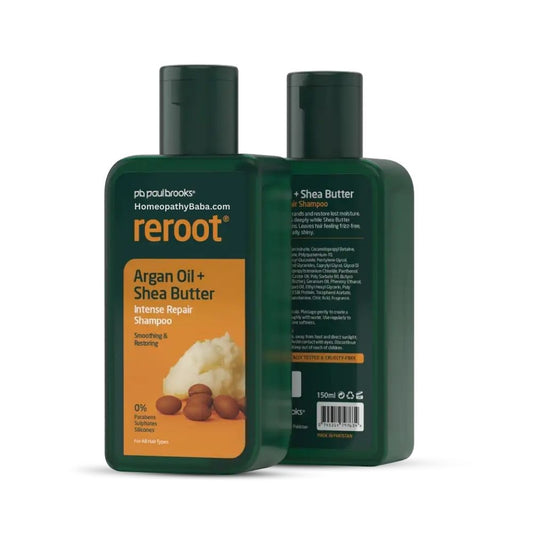 Paul Brooks Reroot Intense Repair Shampoo 150ml bottle with 'reroot' label featuring argan oil and shea butter on a white background.

