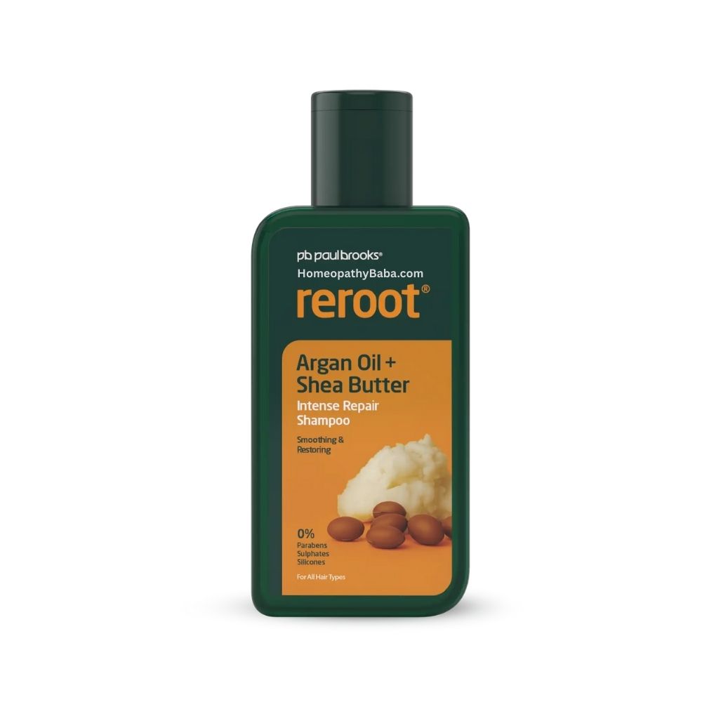 Paul Brooks Reroot Intense Repair Shampoo 150ml bottle labeled 'reroot' with argan oil and shea butter on a white background

