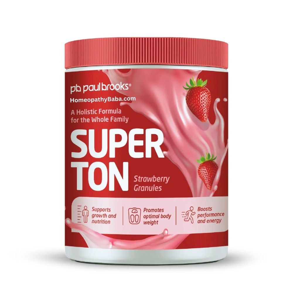 Red container of pb paul brooks Super Ton Strawberry Granules on a white background. Paul Brooks Superton Strawberry Granules (Family Health Tonic)

