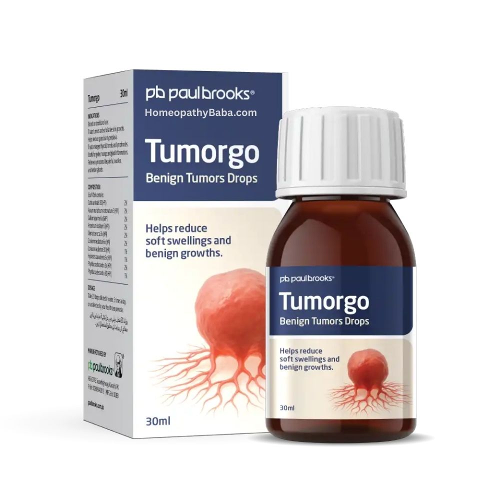 Paul Brooks Tumorgo Drops bottle and packaging with visible branding on a white background

