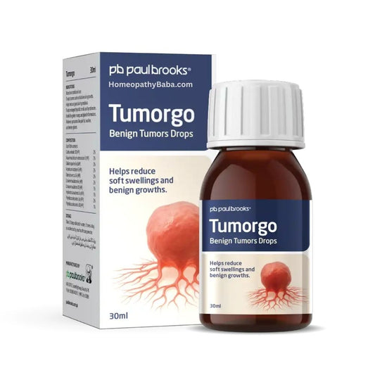 Paul Brooks Tumorgo Drops bottle and packaging with visible branding on a white background

