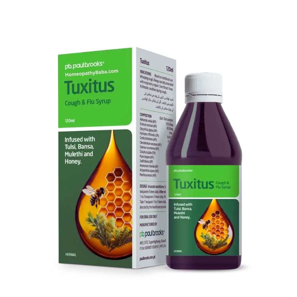 Paul Brooks Tuxitus Cough and Flu Syrup bottle and packaging on a white background

