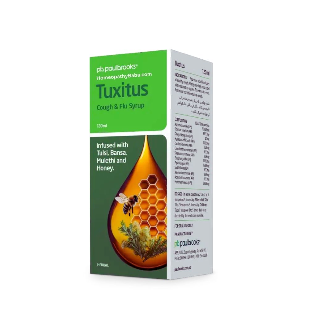Paul Brooks Tuxitus Cough and Flu Syrup packaging on a white background

