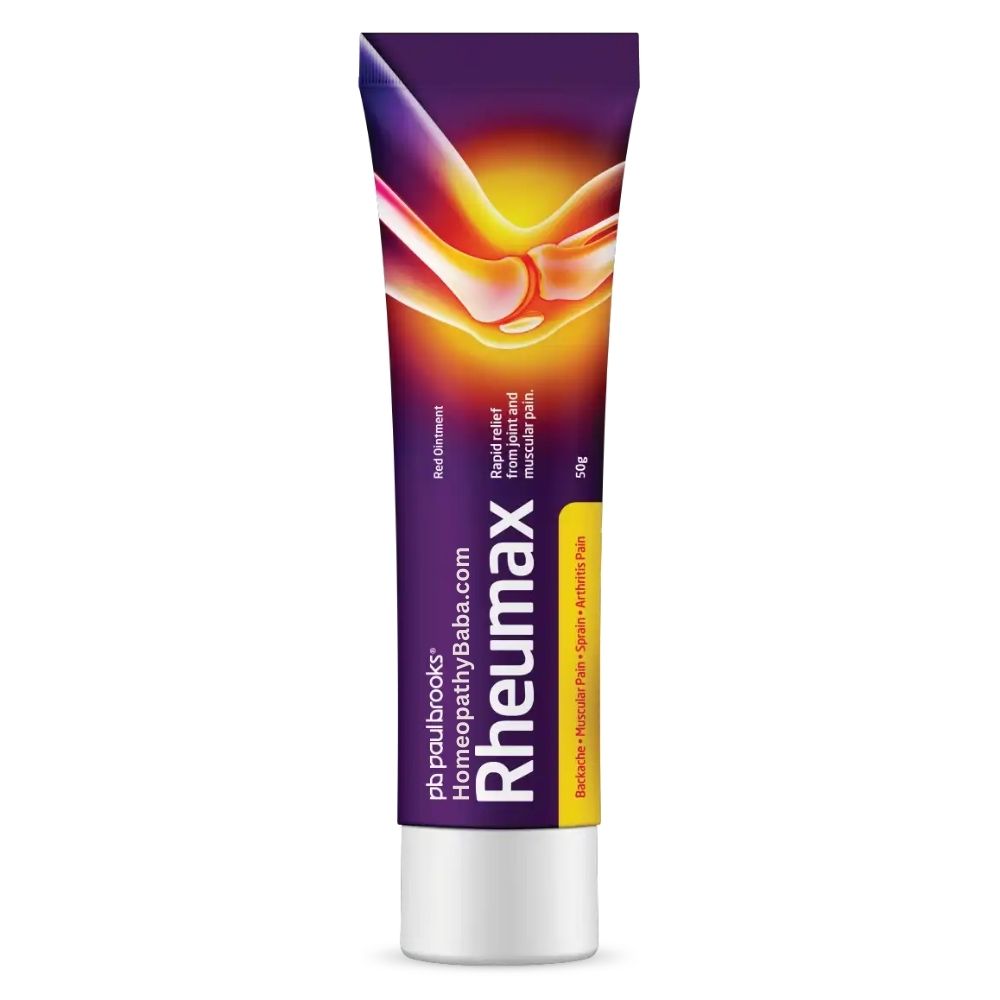 Tube of Paul Brooks Rheumax Red Ointmentcream with a colorful label on a white background

