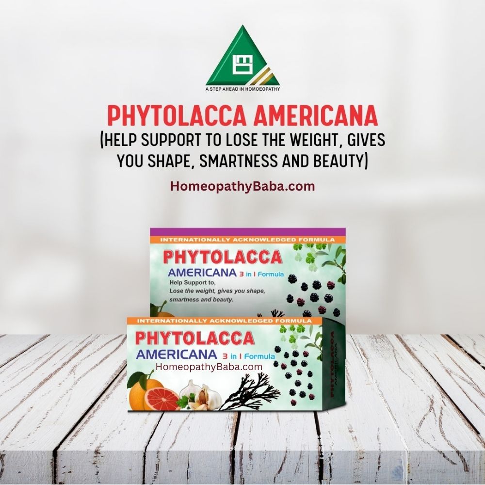 Phytolacca Americana tablets product packaging on a wooden surface with promotional text.

