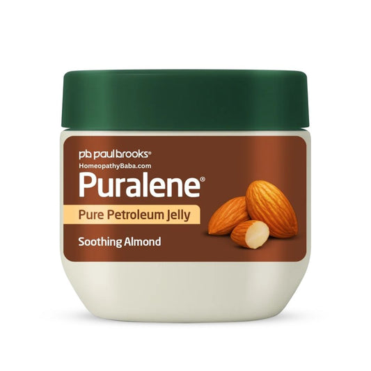 Jar of Puralene Petroleum Jelly Soothing Almond 70g with almonds on a white background


