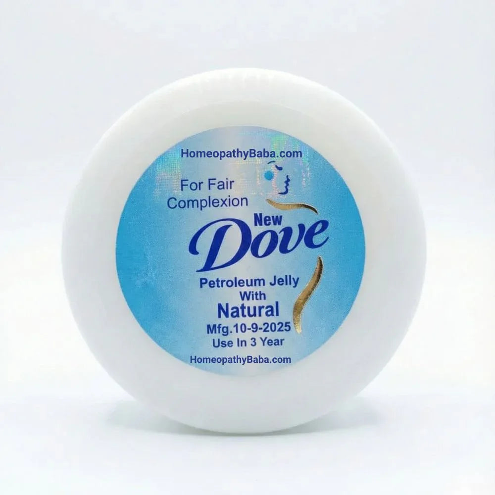 Dove petroleum jelly container with blue label on a white background

