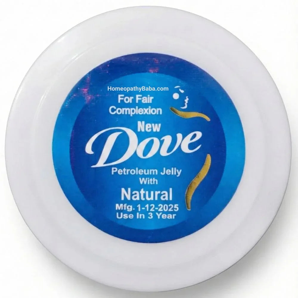 Dove petroleum jelly container with blue label on a white background

