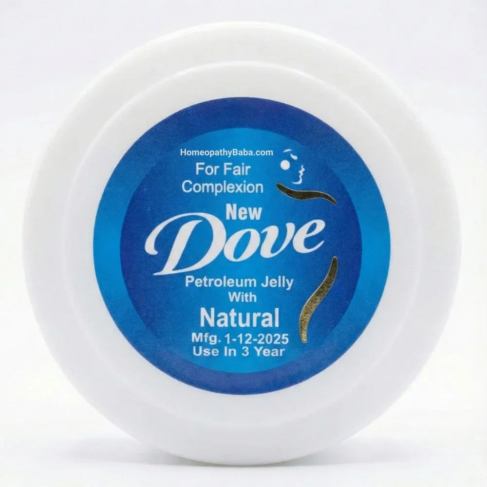 Dove petroleum jelly container with blue label on a white background

